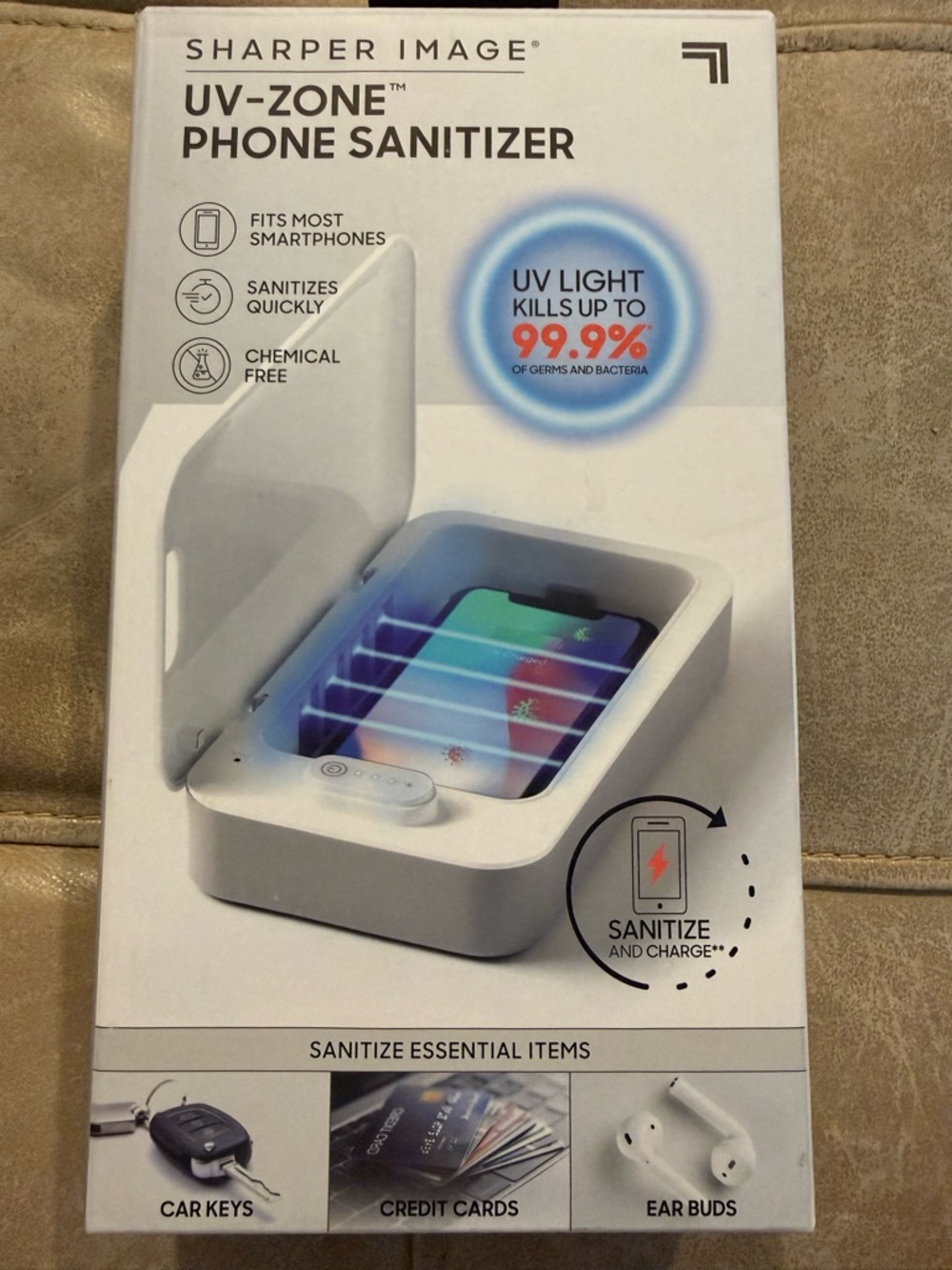 Sharper Image White UV-Zone Phone Sanitizer with Blue UV Glow